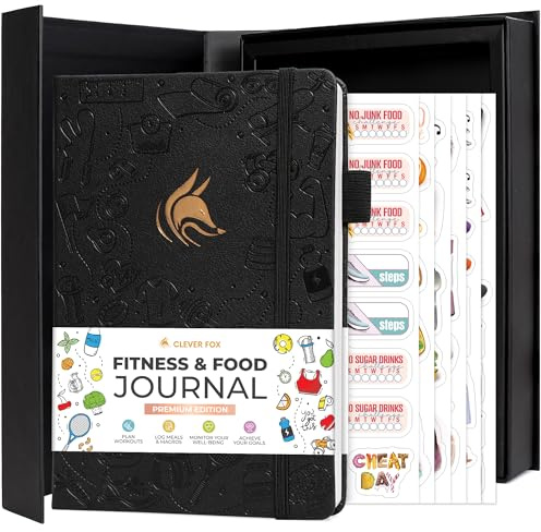 Clever Fox Fitness and Food Journal Premium – Guided Daily Workout, Meal & Weight Loss Tracker for Women & Men – Exercise Diet Planner (Black)