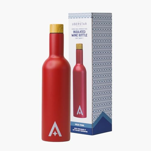 Insulated Travel Wine Bottle/Thermal Bottle Flask for Hot or Cold Drinks / 750ml Stainless Steel Screw Top (Red)