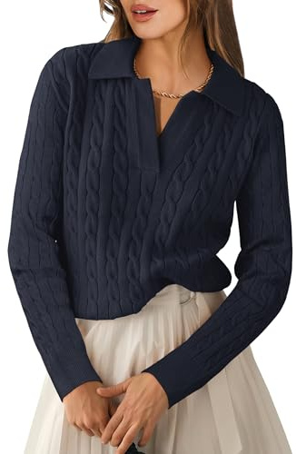 ANRABESS Womens Cable Knit Sweaters Long Sleeve V Neck Sweater Tops Casual Pullover Polo Shirts 2025 Fall Fashion Outfits Navy Blue M