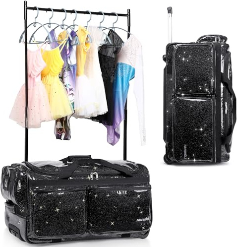 Fanwoli 23 Dance Bag with Garment Rack | Glittering Waterproof Fabric & Upgraded Stable System | Shine-Bright Collection | Ideal Competition Duffle Bag for Dancer Athlete Livestreamer | Sparkle Black