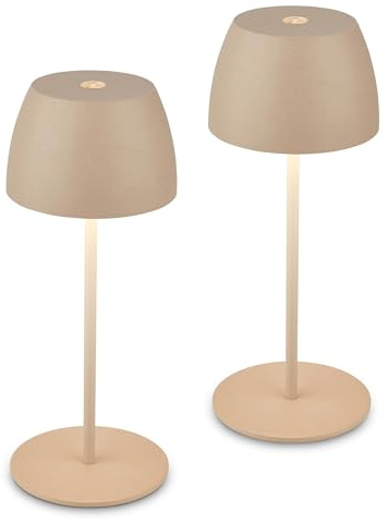 BRILONER - 2er Set Mini LED Tischlampe kabellos IP44 mit Touch, stufenlos dimmbar, Akku & Lichtquelle tauschbar, Nachttischlampe, Dekolampe, Akku Tischleuchte, 8x20 cm (DxH), Beige