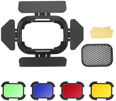 Godox BD-07 II Porte de Grange Barn Door en Métal &Grille en Nid d'abeille &Jeu de Filtres Gel 4 Couleurs pour 7 Réflecteurs Standard Bowens pour Lampe Vidéo LED GODOX AD200PRO II