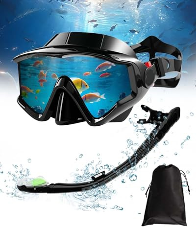ViKKent Juego de esnórquel para adultos, con tubo de buceo y gafas de buceo, antivaho, antifugas de vidrio templado y visión de 180° para buceo, snorkel y natación