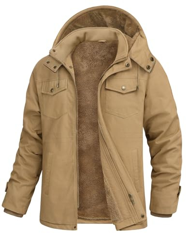 Lonya Giacca Invernale Uomo Militare Casual Cotone Calda Giacca in Pile da Uomo Cargo Multitasche Giubbotto Classico Antivento Jacket Invernali con Cappuccio, Kaki, M