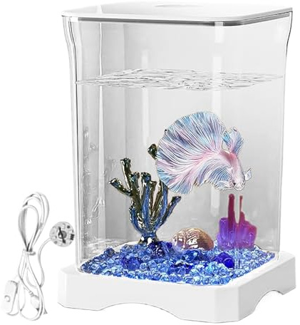 Small Betta Fish Tank - kompakt skål, nano-akvarium, LED-upplyst fisklivsmiljö med övre matningshål för räkor, spindelkrabba, akvarell,
