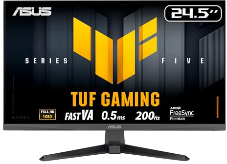ASUS TUF Gaming VG257Q5A, Monitor Gaming Serie 5 da 24,5 FHD VA (1920x1080), 0,5ms Response Time, 200Hz, FreeSync Premium ed ELMB SYNC, Altoparlanti, DisplayWidget Center, Gaming AI, Nero