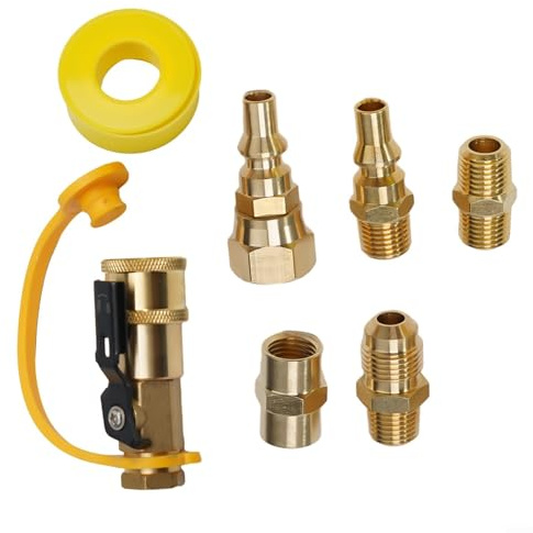 7 adaptadores de acoplamiento rápido para autocaravana, propano y butano, latón, 1/4 pulgadas Flare x 3/8 pulgadas, válvula de cierre RV, accesorios para LPG, gas natural, propano, butano, camping