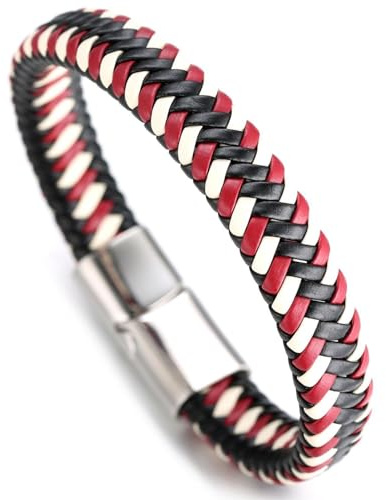 Halukakah ● Jazz ● Herren-Armband Handgefertigt | Echtleder in Sport Rot & Weiß | Magnetverschluss aus Edelstahl in Silber | KOSTENLOS Geschenkbox | Tolle Geschenkidee | 21.5cm