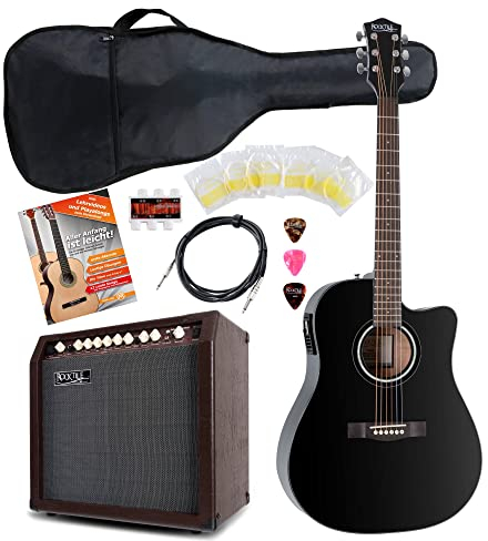 Rocktile D-60CE Chitarra Western Set Stage Set 2 - Chitarra Acustica con Pickup - Amplificatore Acustico 30 Watt - Set Accessori con Custodia - Cavo - nero