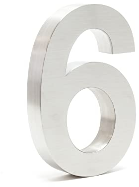 Wiltec Hausnummer 6 silberfarbene Edelstahl Hausnummer in modernem 3D-Design, Höhe 20 cm, Schrift Arial, rostfrei und witterungsbeständig, mit Montagematerial