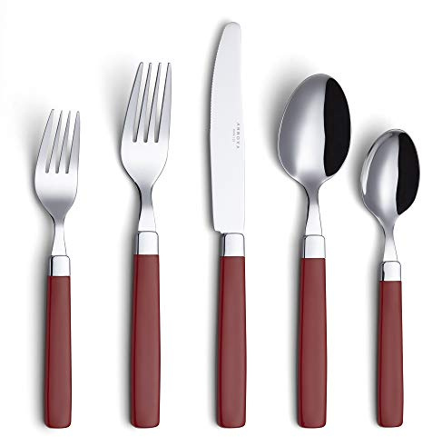 Annova Stainless Steel Cutlery Set with Color Handles - Dinner Forks, Salad Forks, Table Knives, Tablespoons, Teaspoons - Service for 4 (Red)