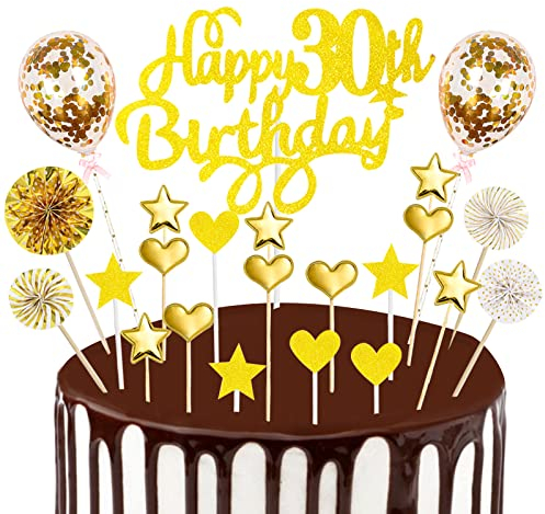 Happy 30th Birthday Cake Topper Gold Glitter 30th Birthday Cake Topper Kit with Star Heart Paper Fans Confetti Balloon 23pcs Cupcake Topper for Men 30th Birthday Anniversary Party Cake Decorations