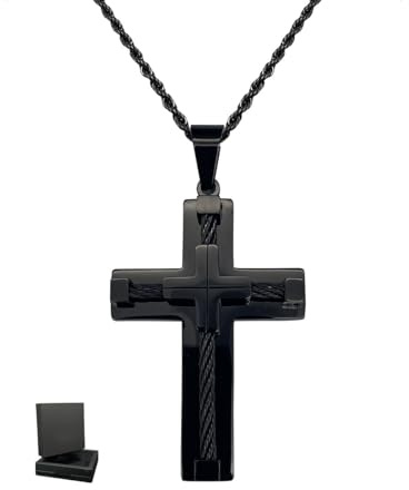 KONFEN Collier Croix Pendentif Homme, 3mm * 24 Croix Chaine 304 Acier Inoxydable pour Homme Femme, 60cm Chaîne Croix à Emboîtement Hip Hop Bijoux Cadeau d'anniversaire pour Homme Garçons (Noir)