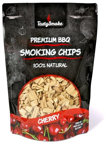 TastySmoke Trucioli di ciliegia di alta qualità – 100% legno naturale per aroma intenso di fumo, ideale per barbecue, affumicatore, barbecue, 750 g di legno affumicato per carne, pesce, verdure