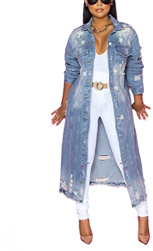 Leyoutx Womens Distressed Ripped Denim Trench Coat Casual Slim Button Down Washed Long Jean Jacket (XX-Large, Blue)