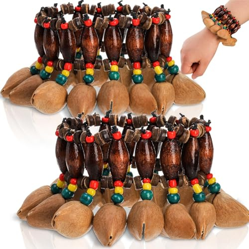 Pumtus 2 Pcs African Tribal Style Nut Shell Bracelet, Seed Shell Dance Bracelet, Natural Shaker Bell Wristband, Craft Handbell Wrist Bell, Percussion Instrument Accessories for Dance, Yoga, ASMR