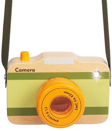 Wooden Mini Pretend Camera Toy with Real Sounds and Light for Toddlers 3 Years Old, Neck Hanging Photographed Props for Boys Girls Children Kids