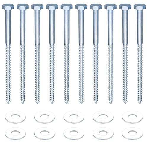 10 Pcs M10 Tirefond à Bois, Vis à Tête Hexagonale avec Rondelles, Vis Tire-fond Autotaraudeuses pour Support TV Terrasse (M10 x 180 mm)