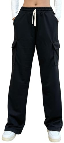 Nuofengkudu Black Wide Leg Joggers for Women UK Cargo 4 Pockets Elasticated Drawstring Waist Straight Leg Jogging Pants Tracksuit Bottoms Athletic Pull on Trousers Ladies Sweatpants Casual Sports XL