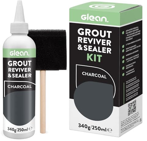 GLEAN Ravviva e sigillante per malta | Carbone | 340 g | Ripristina, ripara, rinnova la malta delle piastrelle | Include spazzola in schiuma | Resistente alle macchie | Rivivitore per malta per
