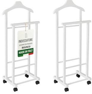 OWIJI Indossatore Appendiabiti Legno Faggio Bianco Set 2 Pezzi Rotelle Servo Muto Doppio Dimensioni 45 x 30 x 95 cm Appendiabiti Vestiti Camera Letto Cabina Armadio Grezzo
