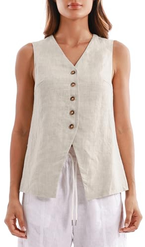 Amazhiyu Gilet de costume en lin pour femme - Gilet court sans manches en lin - Élégant - Col en V - Boutonné - Vintage
