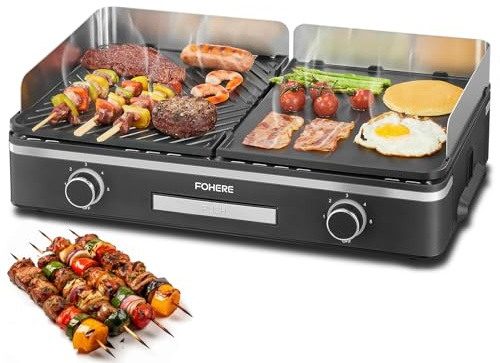 FOHERE Plancha électrique, Avec Protection contre les éclaboussures, 2400W Inox Grills électriques, 2 Plaques de Cuisson Température Réglables Séparément, Contrôle de la Température à 5 Niveaux
