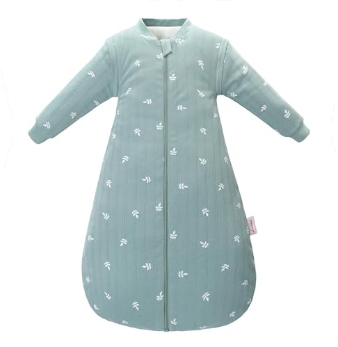 amo nenes Baby Sleeping Bag 2.5 TOG, Baby Autumn Winter Long Sleeve Sleeping Bag, 100% Cotton Baby Wearable Blanket, Detachable Sleeve, 6-18 Months (Green Leaf)