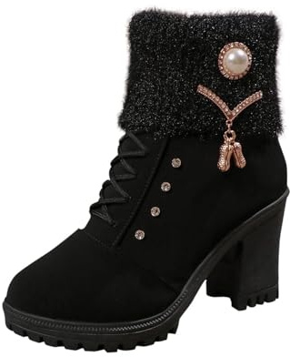 Wyongtao Bottine Femme En Daim Talon Élégant Bottines Doublure Polaire Avec Fermeture Éclair Et Lacets Bottes De Basses Chaud Hiver Confortables Chaussures Bottes Talons Épais Boots De Loisirs
