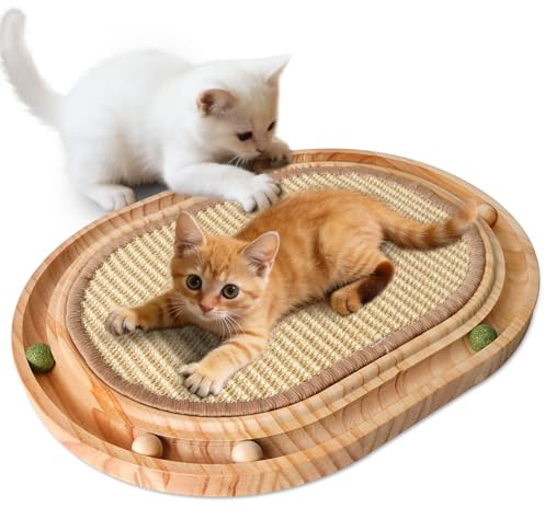LURICO Griffoir en Sisal pour Chat, Jouet 2 en 1, 43x33x2.5 Cm Chat Griffoir Réutilisable, Chaise Longue avec 6 Petite Balle pour Tous Les Chats, Jouer, Se，Protège Les Tapis et Canapés