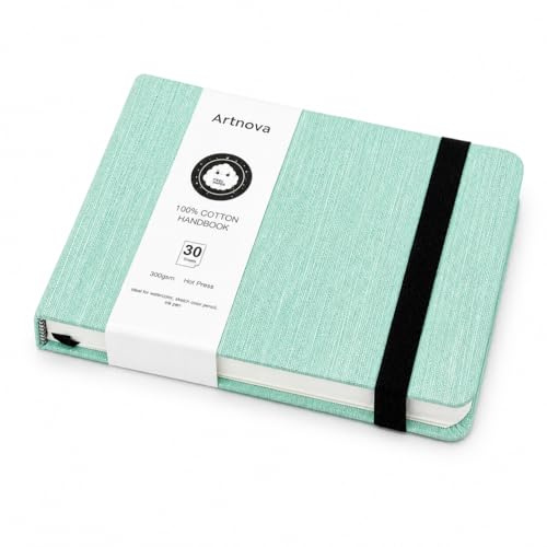 Quaderno da disegno A6 verde 100% cotone 300 gsm, orizzontale paesaggistico – Blocco acquerello e inchiostro, 30 fogli (60 pagine), carta pressata a freddo – Sketchbook viaggio con tasca interna