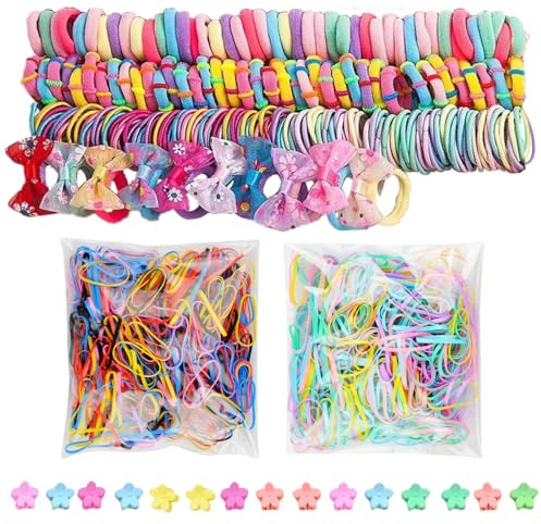 LUFFLOK 1175 Stück Haargummis Mädchen, Bunten Haargummis und Haarspangen, Haargummi set Elastischen Haarbändern für Mädchen und Kinder, Kleine Haarspangen und Haarschmuck für Feines Haar (1175 Stück)