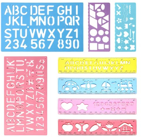 8 Pezzi Normografo e Righelli per Bambini, Stencil Lettere, Numeri e Forme Geometriche in Plastica, Set da Disegno per Scuola e Lavoretti DIY, Colori Assortiti Casuali (Lettere Grandi e Simboli)