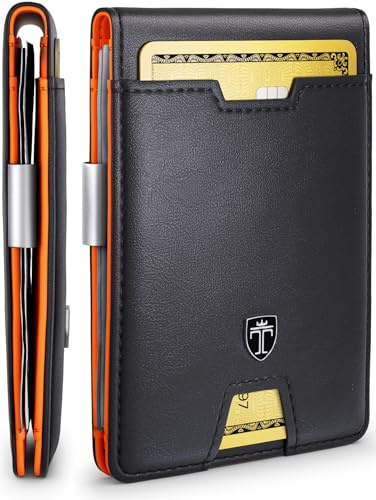 TRAVANDO Mens Slim Wallet with Money Clip Austin RFID Blocking Bifold Credit Card Holder for Men with Gift Box, Black & Orange