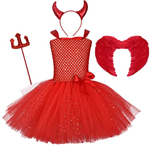 Toddler Kids Baby Girls Devil Costume Halloween Fancy Dress Up Handmade Crotch Tutu Tulle Dress with Horns Headband Pitchfork Feather Wings Outfit for Carnival Evil Cosplay Xmas Party Red 9-10 Years