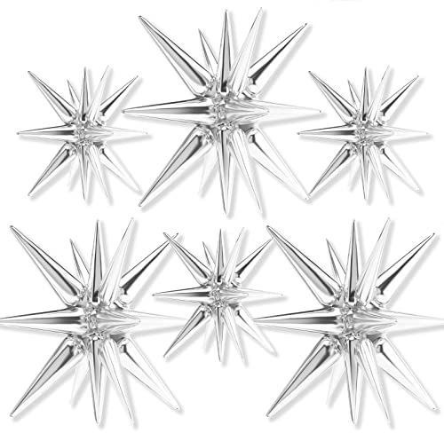 PartyWoo 14-Pointed Explosion Star Balloons (6 pcs) - Silver Point Foil Mylar Stars with Ribbon for Baby Shower Boy, Birthday, Wedding (27 & 22 inch)