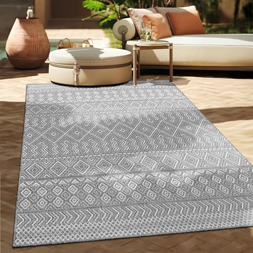 Paco Home Outdoor Teppich Flachgewebe Modern Boho-Style wetterfest & UV-beständig Ideal für Terrasse Balkon Wohnzimmer & Küche, Grösse:160 cm Rund, Farbe:Grau 3