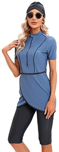 Odizli Mujer Musulmana Traje de Baño Modest Tankini Islámico Manga Corta Natación+Pantalones de Natación+Hijab 3 piezas Traje de baño de cuerpo completo, Niebla Azul, L