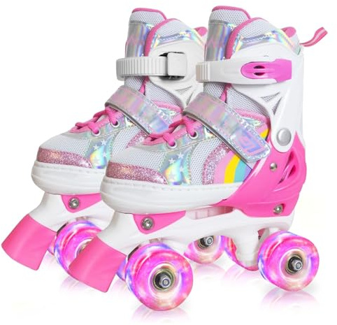 Nattork Girls Roller Skates for Kids Toddler, 4 Sizes Adjustable Rainbow Quad Skates with Light up Wheels,Best Gift for Boys Kids Beginners Indoor Outdoor M