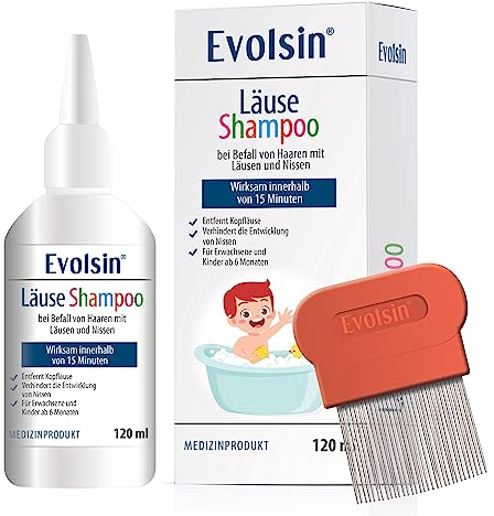 Evolsin® 120ml Läuseshampoo & Läusekamm für Erwachsene & Kinder ab 6 Monaten – bei Befall von Haaren mit Nissen & Kopfläusen – Läusemittel schonend für die Kopfhaut – wirkt in 15 Minuten
