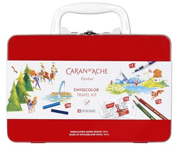 Caran d'Ache Swisscolor Reise-Set Koffer aus rotem Metall mit Verschluss-System aus Metall und weißem Kunststoff-Griff, 3000.223