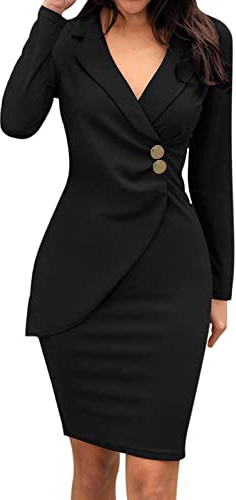 Robe Business Grande Taille Femme, Col Revers, Courte Manches Longues, Couleur Unie, Boutons Moulante, Décontractée de Cocktail Chic Et Élégante pour Travail