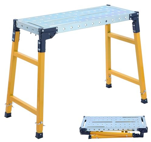 TOPWAY Foldable Adjustable Work Platform, 500kg Load Capacity, Carbon Steel Anti-Skid Surface Hop Up Work Bench Folding Scaffolding for Indoor Outdoor Jobs, 90 x 36 x 120.5cm