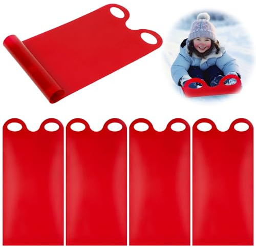 Poen 4 Pcs Snow Sled for Kids and Adult Snow Slides Roll up Sled 36.2 Inch Plastic Sledding Snowboard with 2 Handles Lightweight High Speed Equipment(Red)