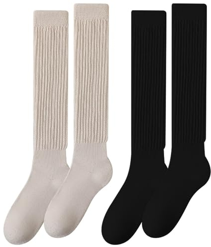 EUPSIIU 2 Paires Chaussettes Hautes Montantes Femme Filles, Chaussettes Souples,Genou Haute Chaussettes, Longues Chaussettes Montantes Tricotées Chaussettes D'hiver de Bottes (Coton, L)