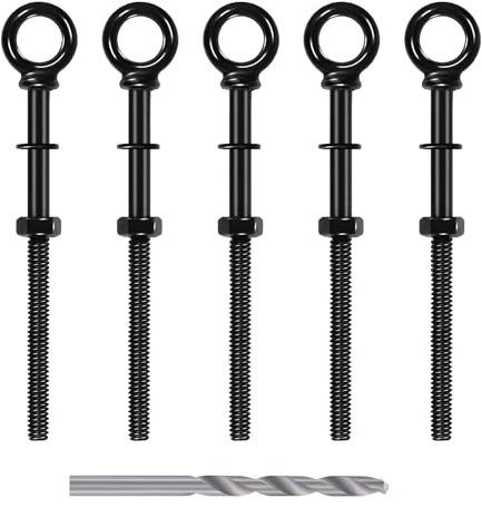 RiaYer T316 Black Eye Bolts with Nuts and Washers 1/4 x 4, Heavy Duty Stainless Steel Shoulder Lifting Ring (5 Pack + Drill Bit)