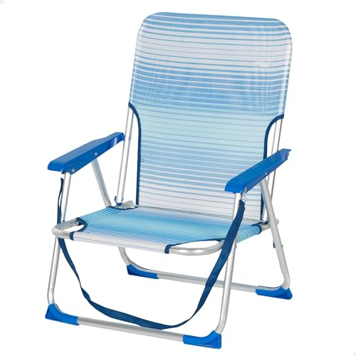 AKTIVE Silla Playa Plegable, Azul Rayas, 44x35x72 cm, Incorpora topes antivuelco, Asa de Hombro, Soporta 110 kg, Asiento bajo, Estructura Aluminio, Tejido textileno, Reposabrazos plástico (62670)