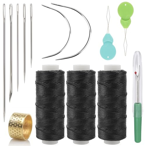 Beayuer 96 Yards Waxed Thread Hand Sewing Kit with 7 Pcs Leather Repair Needles for Home Upholstery, Carpet, Leather, Canvas Repair and Sewing (7 Needles, 3 Threads, Black)