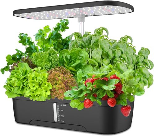 Mingfuxin 12 Hydroponisches Anzuchtsystem, Indoor Kräutergarten Set mit LED-Wachstumsleuchte, Smart Garden für Zuhause, Küche, automatischer Timer Keimungs-Kit (Schwarz)