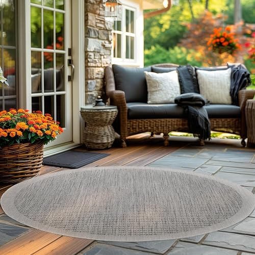Carpettex In & Outdoor Teppich Wetterfest 160 cm Rund Grau - Sisal Optik Balkon Teppich Waschbar, Wasserfest und Flachgewebe - Ideal als Teppich für Küche, Terrasse, Garten und Camping